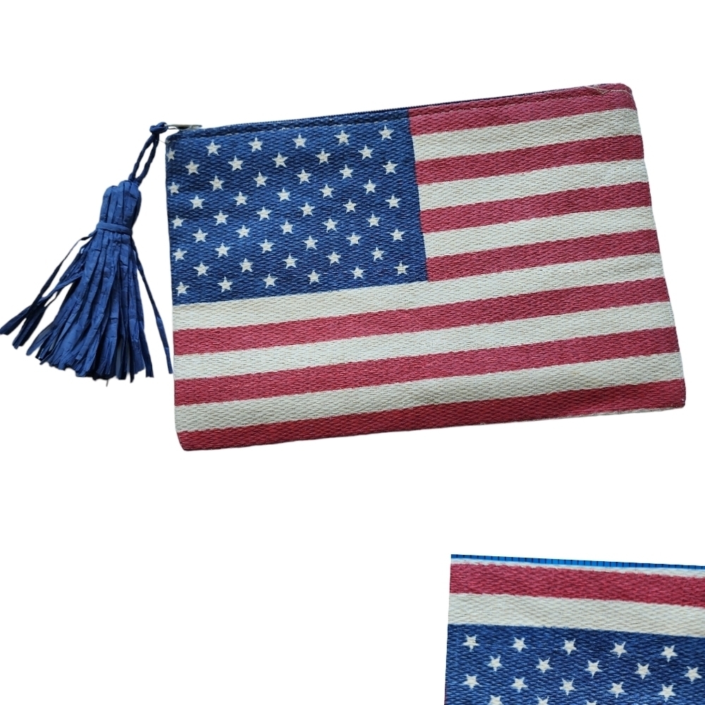 Patriotic straw clutch w/Tassel Day Red Blue Stars/Stripes